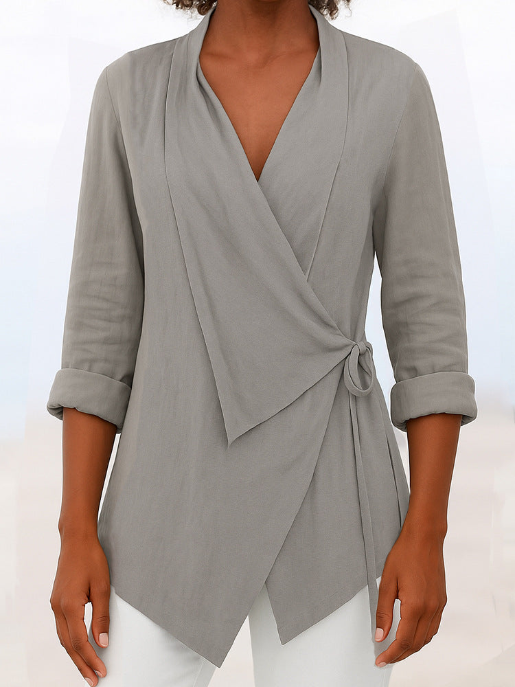Women's Asymmetrical Wrap Blouse with Shawl Collar and 3/4 Sleeves Mune Fashion