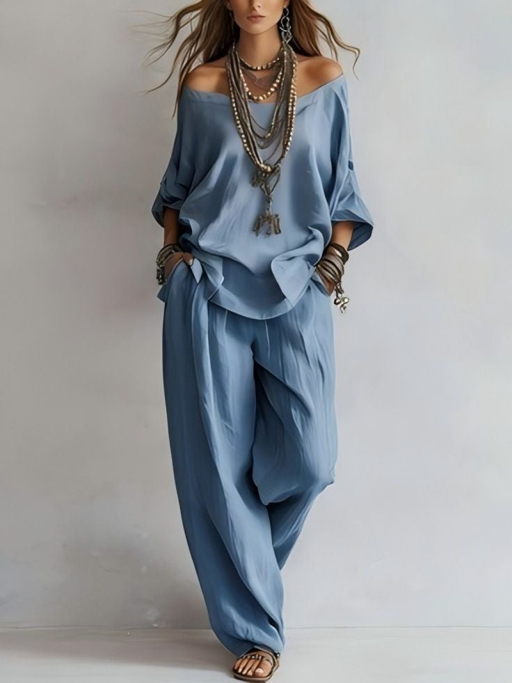 Women's Casual Lightweight Lounge Set with Off-the-Shoulder Neckline and Palazzo Pants Mune Fashion