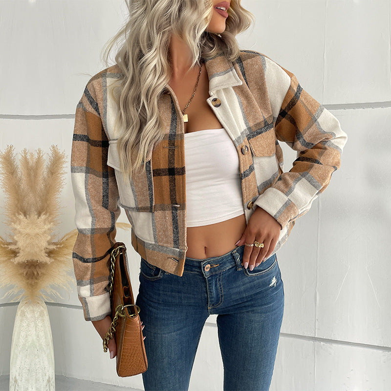 Women Short Cropped Checkered Transition Jacket with Patch Chest Pockets Mune Fashion