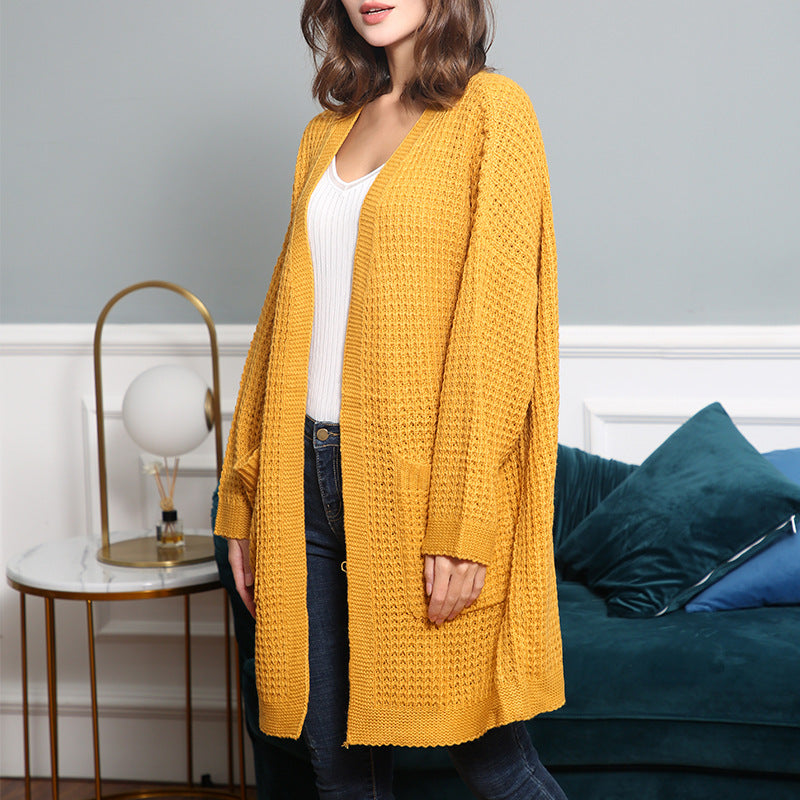 Women Long Oversize Knit Coat with Open Front and Patch Pockets Mune Fashion