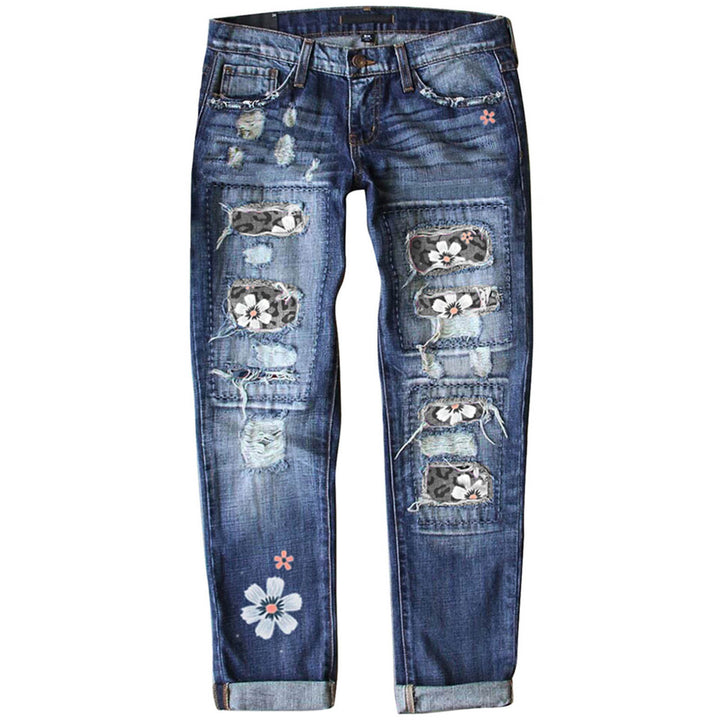 Ladies nan vintage skinny jeans with leopard patches and glitter trim Mune Fashion