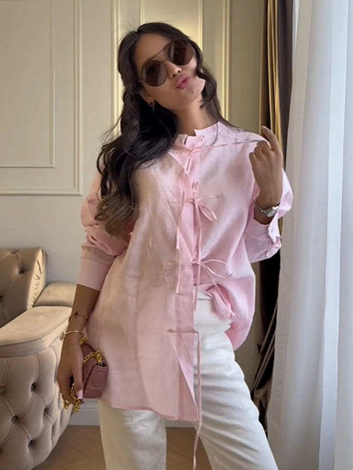 Women's Long Cut Linen Blouse with Chinese Knot Closure and Stand-Up Collar Mune Fashion