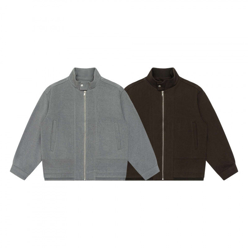 Men's short-cut boxy blouson made of wool blend with stand-up collar, metal zipper and concealed side pockets Mune Fashion