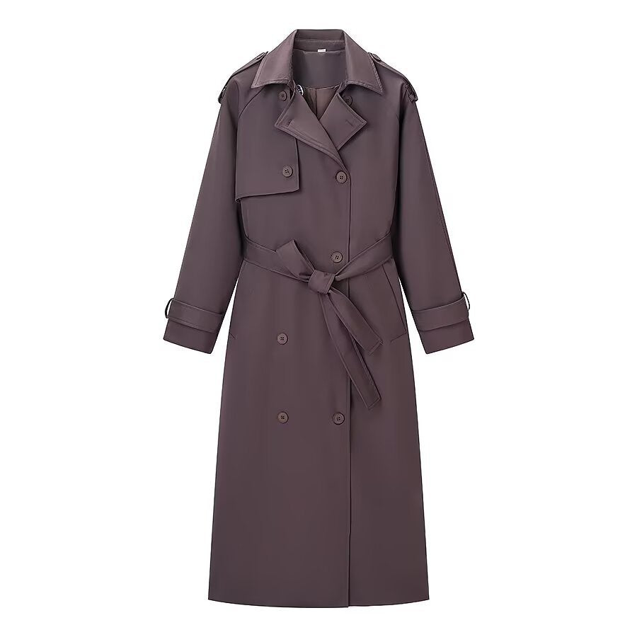 Women's Longer Tailored Trench Coat with Tie Belt and Double Row Mune Fashion