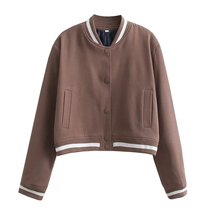 Women's Cropped College Bomber Jacket with Striped Ribbed Cuffs and Snap Button Closure Mune Fashion