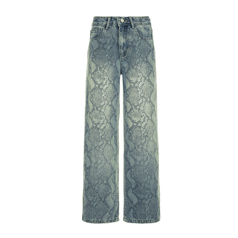Women's high-waisted jeans with snake print, wide leg and straight cut Mune Fashion