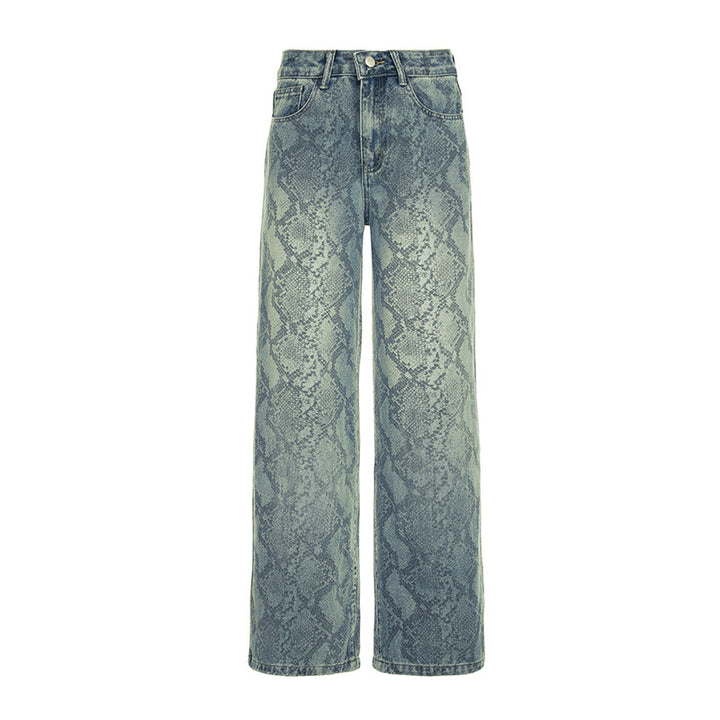 Women's high-waisted jeans with snake print, wide leg and straight cut Mune Fashion