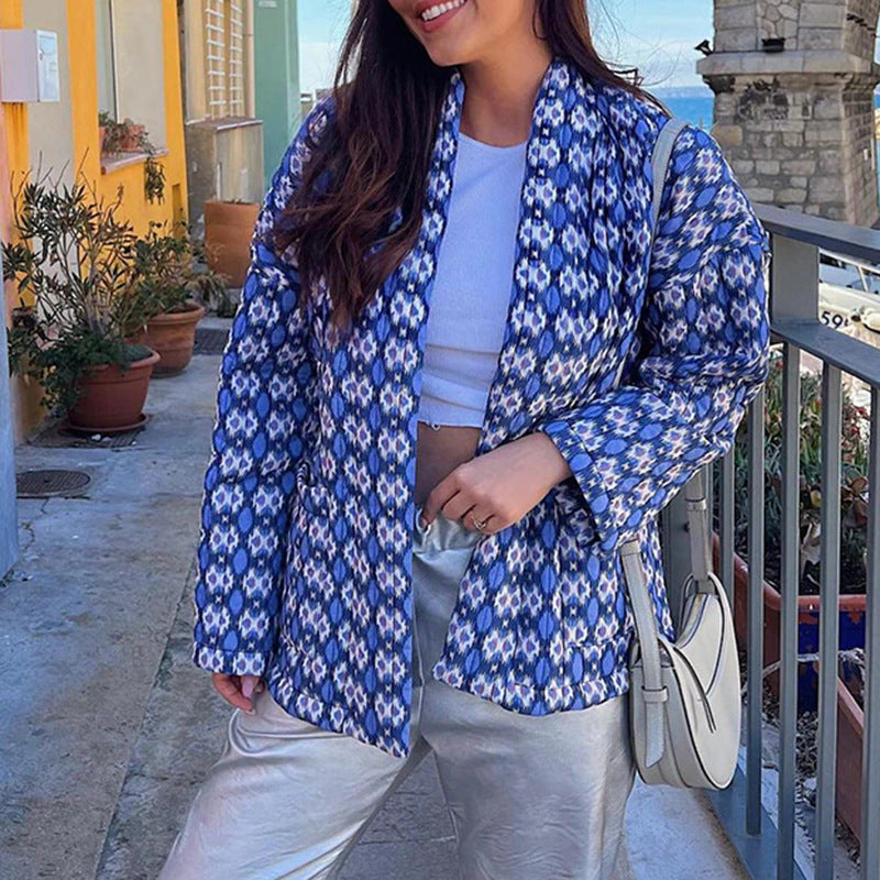 Women's Patterned Kimono Quilted Jacket with Open Front and Patch Pockets Mune Fashion