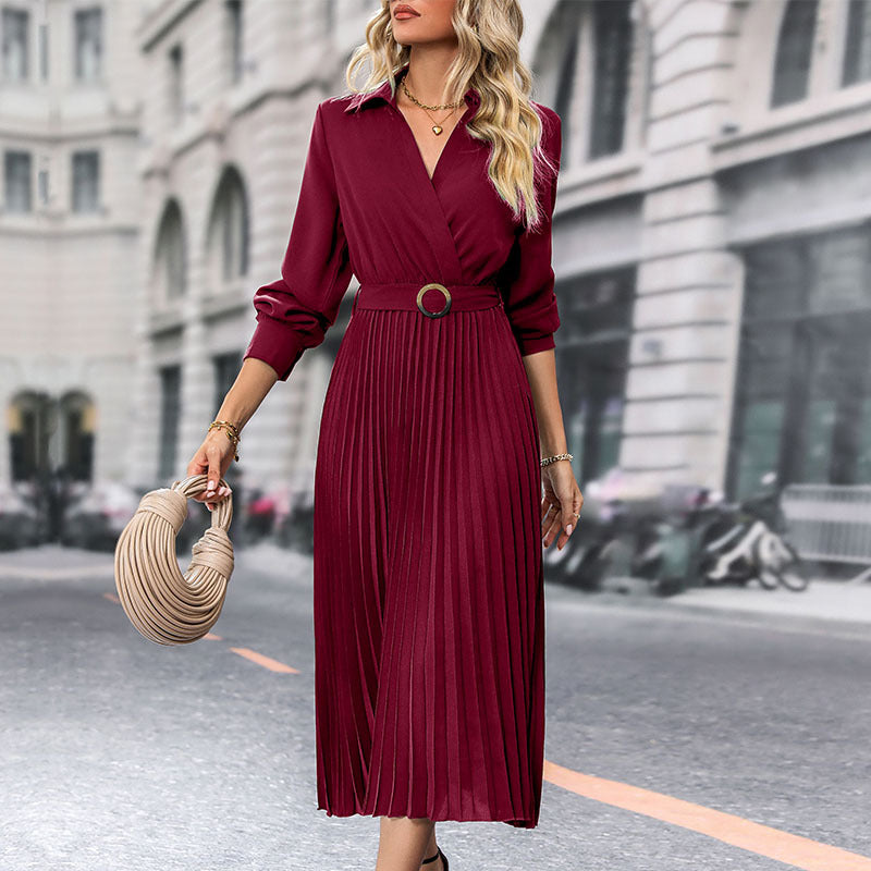 Women Elegant Pleated Dress with Belt Mune Fashion