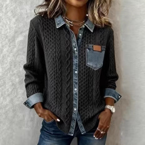 Women’s knit cardigan with denim-look collar, decorative button placket and chest pocket Mune Fashion