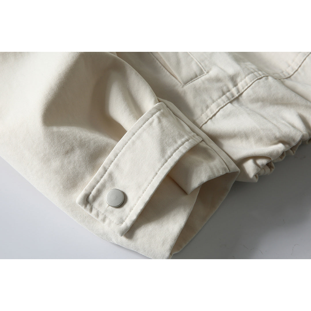 Men's short-cut boxy blouson jacket with faux leather collar, drawstring hem, and snap button cuffs Mune Fashion