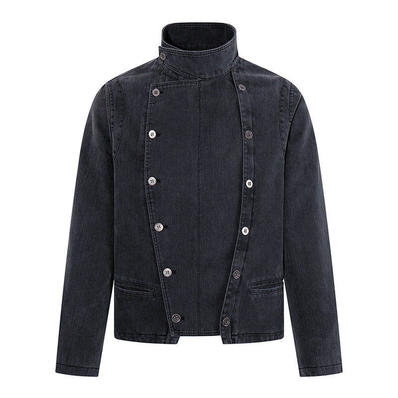 Men's asymmetrical denim jacket with stand-up collar and double-breasted snap closure Mune Fashion