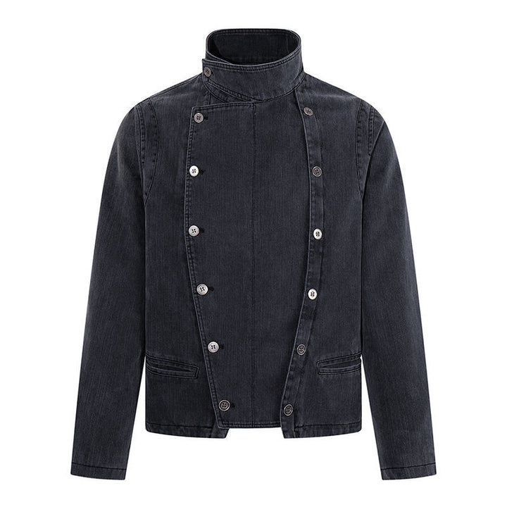 Men's asymmetrical denim jacket with stand-up collar and double-breasted snap closure Mune Fashion