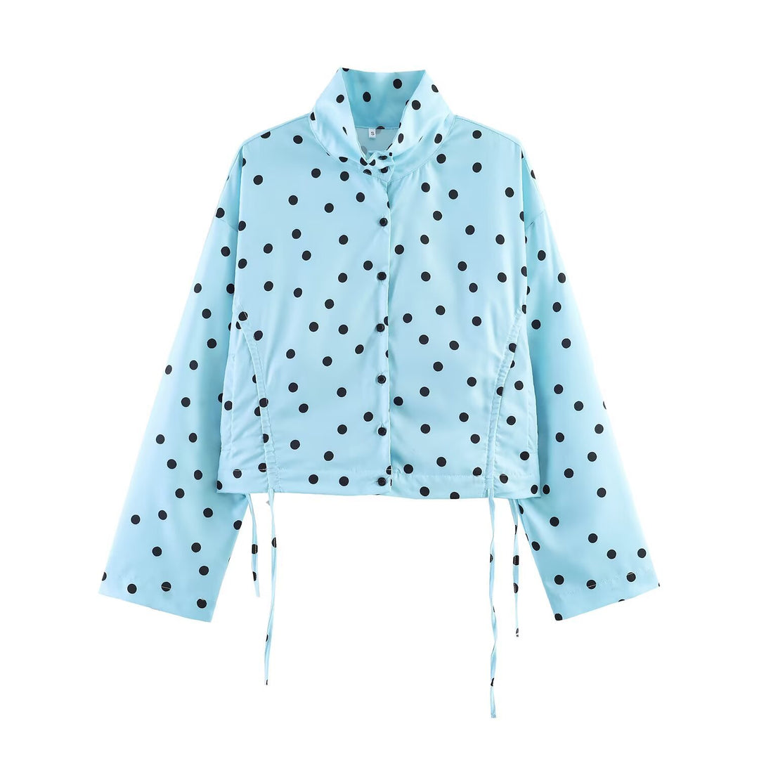 Women's Polka Dot Cropped Utility Jacket with Stand Collar and Drawstring Mune Fashion