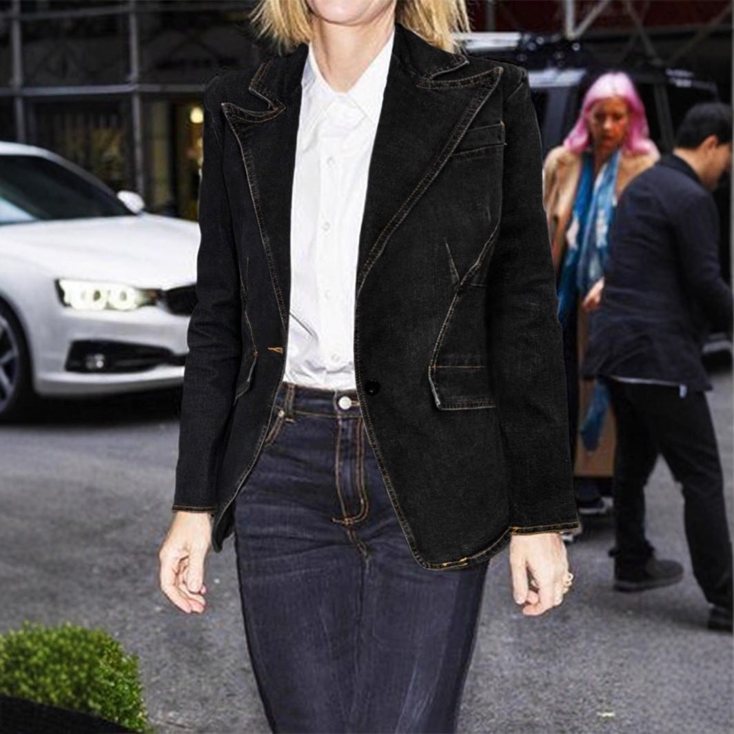Women's tailored denim blazer with lapel collar and flap pockets Mune Fashion