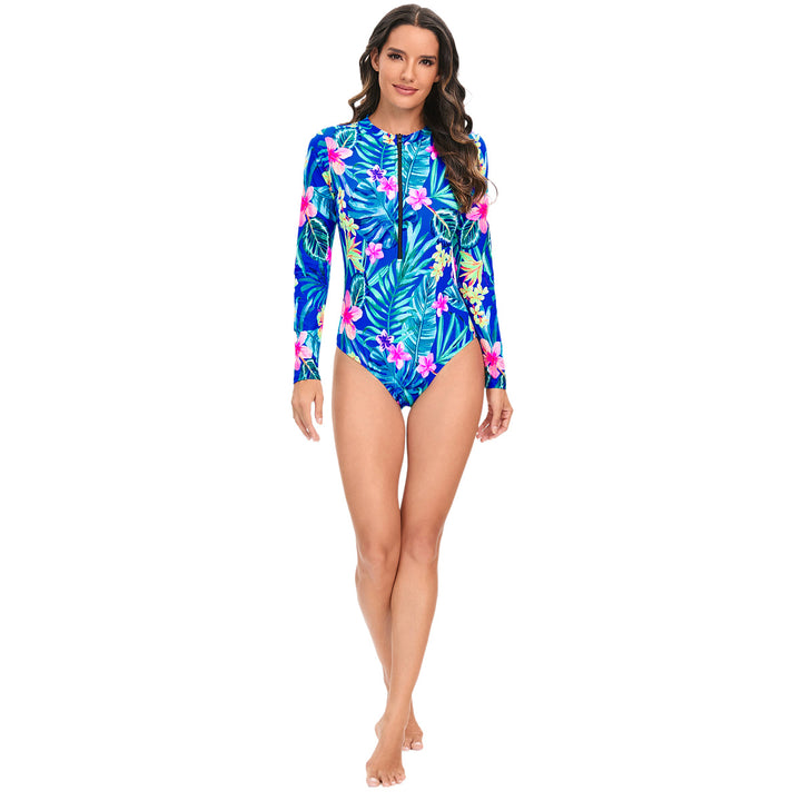 Women Sporty Long Sleeve Swimsuit with Floral Accents Mune Fashion