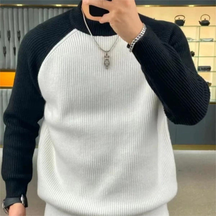 Men's Ribbed Raglan Sweater with Contrast Sleeves and Short Stand-Up Collar Mune Fashion