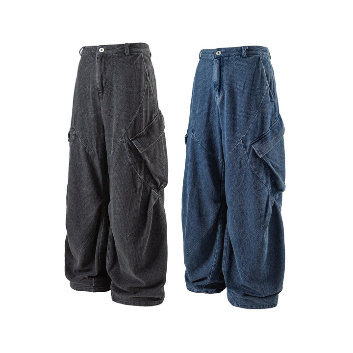 Women Wide Cargo Jeans Pants with High Waist, Distinctive Partial Seams and Decorative Pockets Mune Fashion