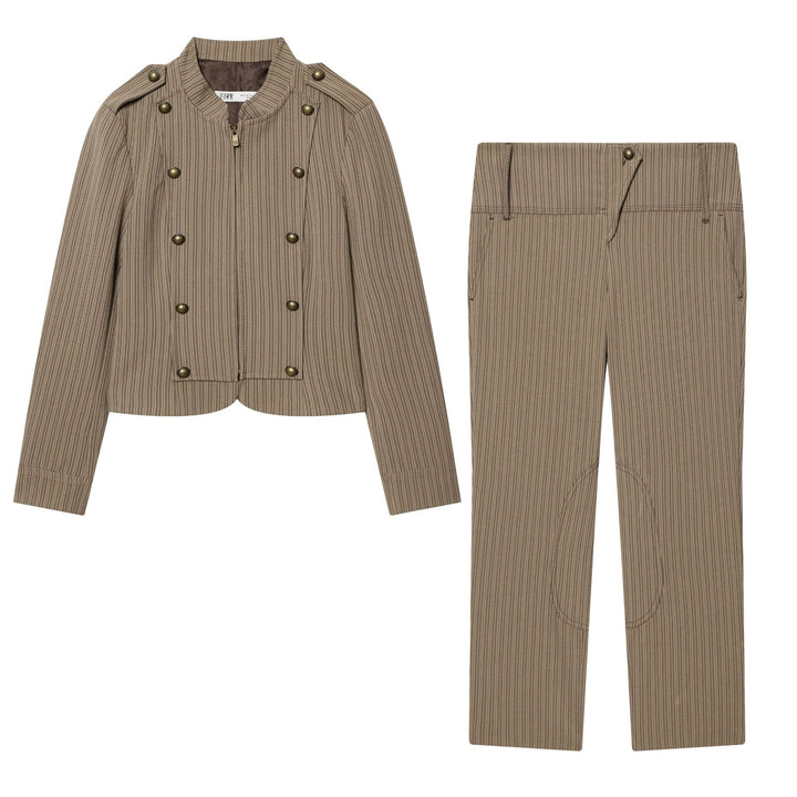 Ladies High-Waisted Cropped Stretch Pants with Pinstripes and Knee Patches Mune Fashion