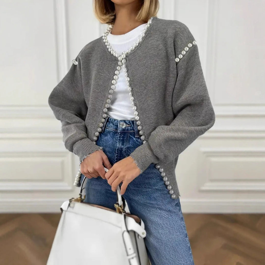 Women Pearl-Embellished Fine Knit Cardigan with Balloon Sleeves Mune Fashion