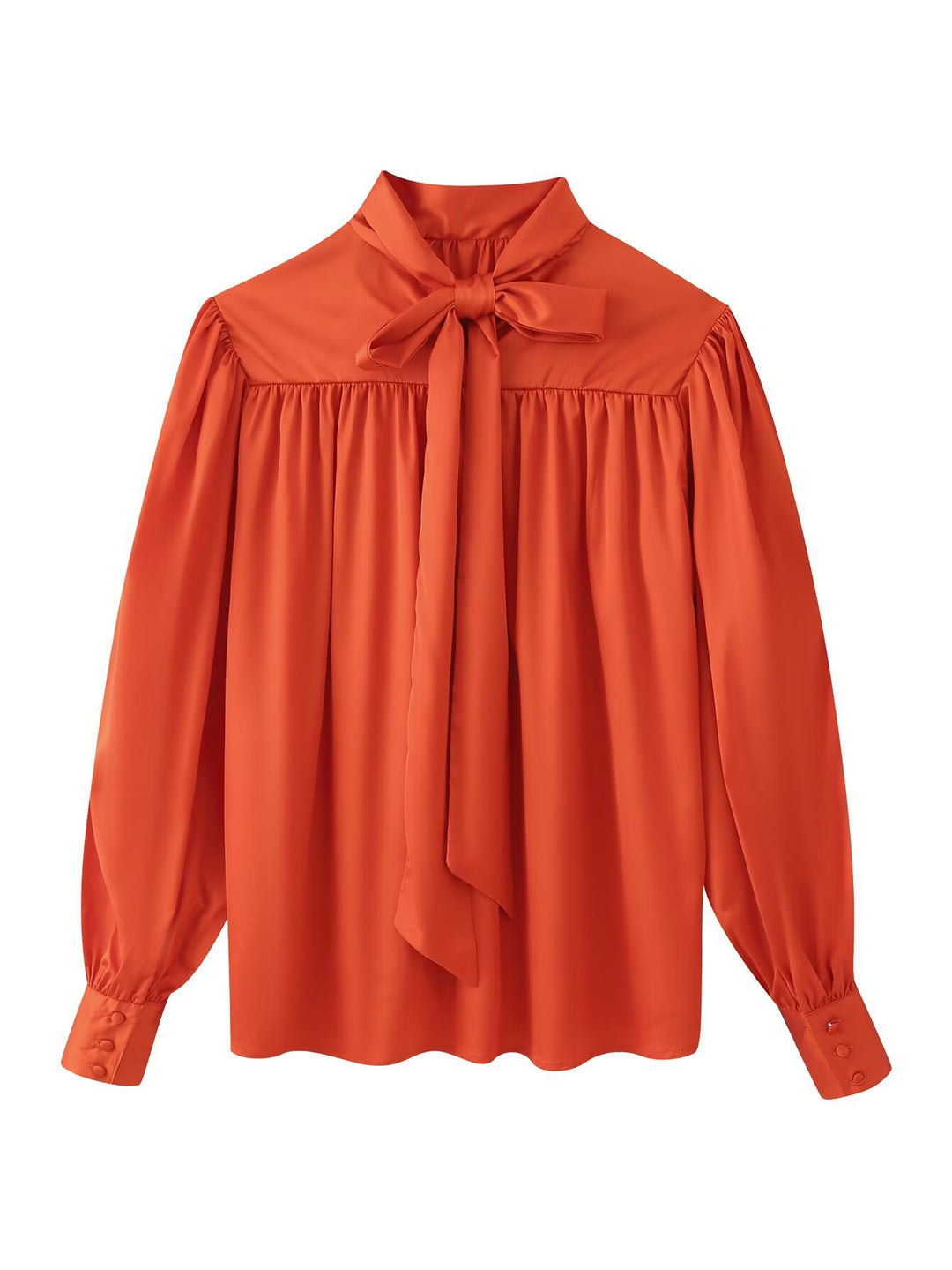 Women Silk-like Bow Blouse with Gathered Shoulder Yoke and Balloon Sleeves Mune Fashion