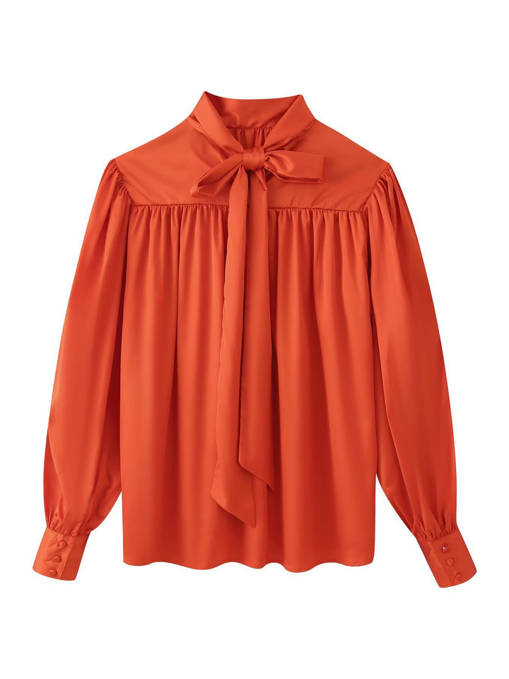 Women Silk-like Bow Blouse with Gathered Shoulder Yoke and Balloon Sleeves Mune Fashion