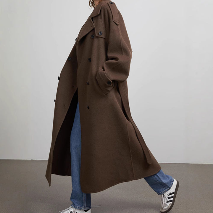 Women's Long Wool Blend Coat with Wide Lapels, Epaulettes and Adjustable Sleeve Straps Mune Fashion
