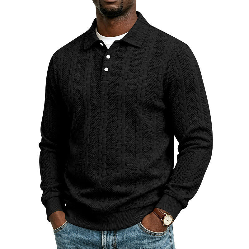 Men's Knitted Polo Collar Sweater with Cable Pattern and Fine Button Placket Mune Fashion