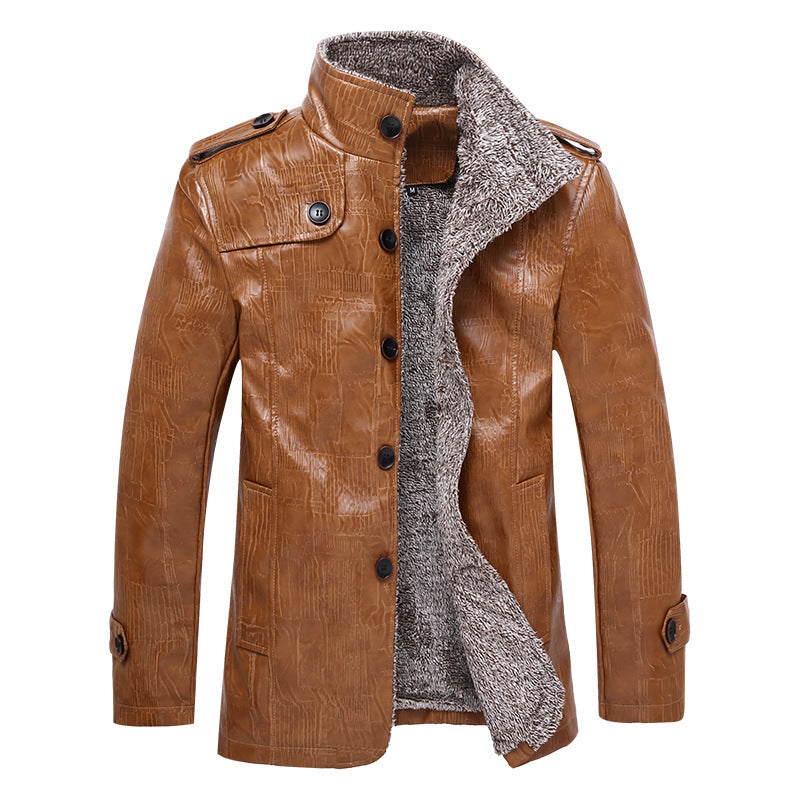 Men's Textured Faux Leather Midlayer Jacket with Teddy Fleece Lining, Stand Collar and Shoulder Patches Mune Fashion