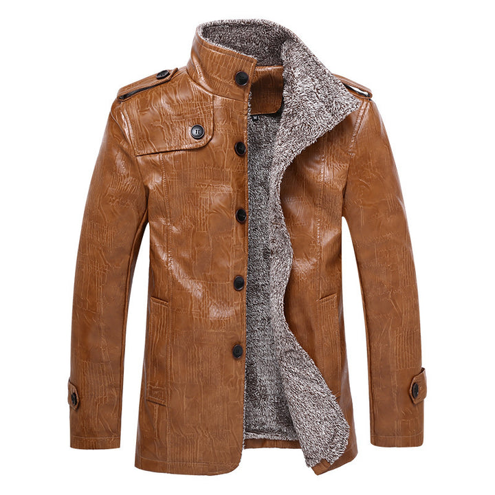 Men's Textured Faux Leather Midlayer Jacket with Teddy Fleece Lining, Stand Collar and Shoulder Patches Mune Fashion