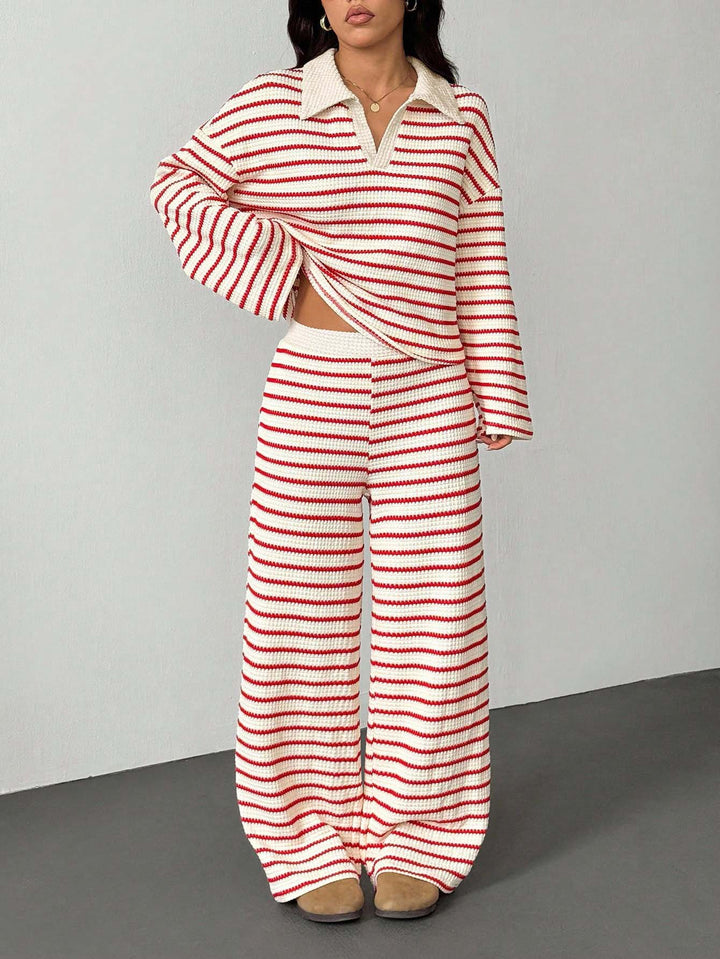 Women's Knitted Loungewear Set with Polo V Neck, Bell Sleeves, and Wide High-Cut Trouser Leg Mune Fashion