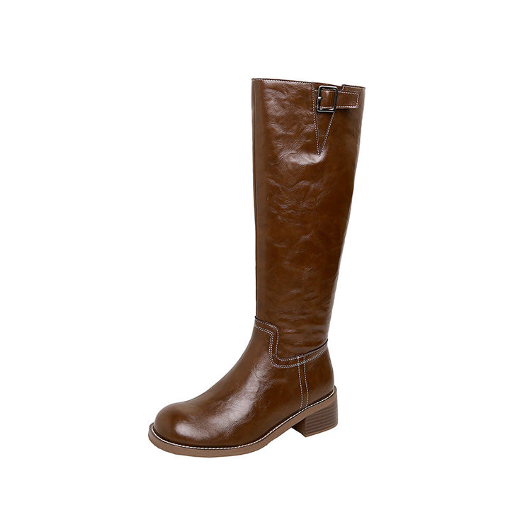 Women’s knee-high leather boots with decorative strap, contrasting seam and low block heel Mune Fashion