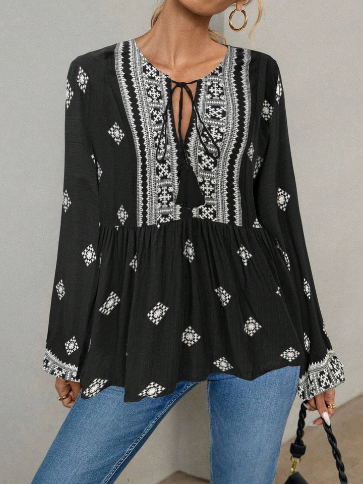 Women Embroidered Boho Tunic Blouse with Tassel Bands and Layered Hem Mune Fashion