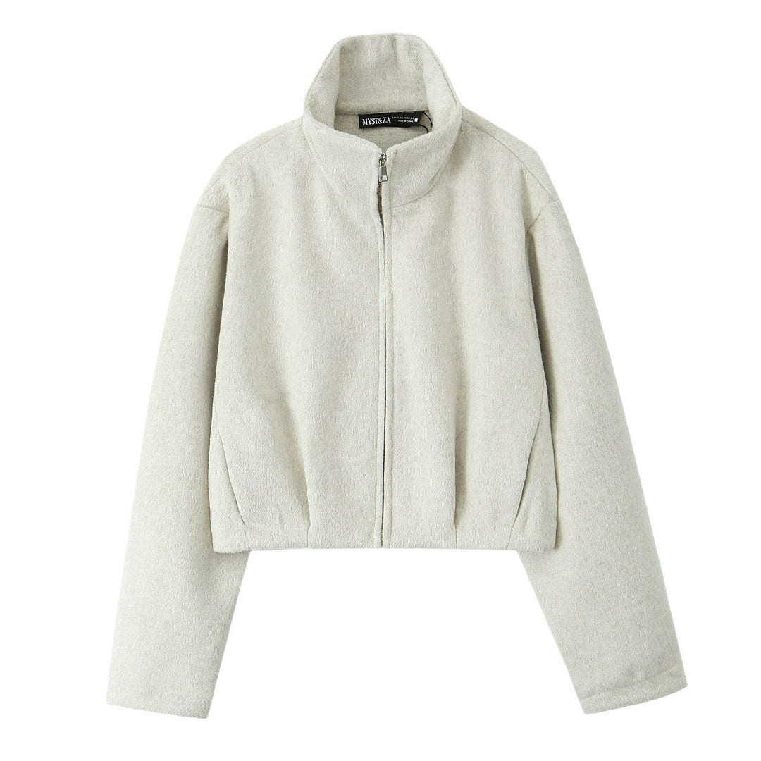 Women Boxy Fleece Jacket with Stand-up Collar and Concealed Zipper Mune Fashion