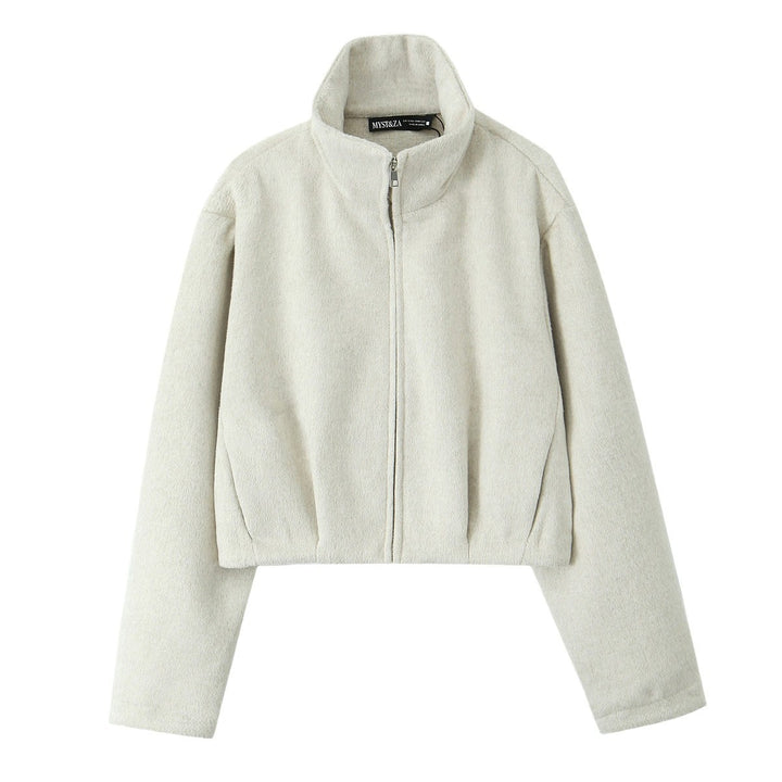 Women Boxy Fleece Jacket with Stand-up Collar and Concealed Zipper Mune Fashion