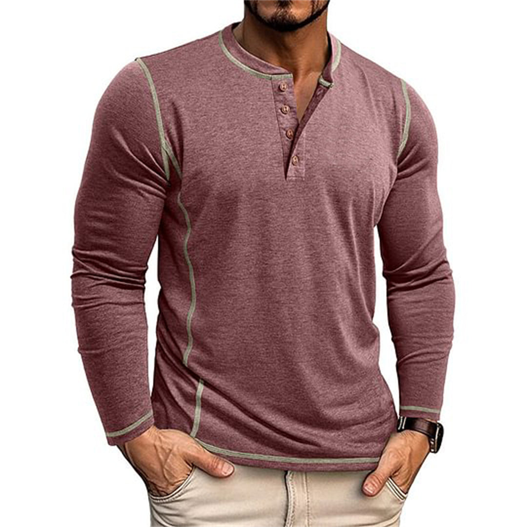 Men's Elastic Long Sleeve Henley Shirt with Contrast Stitching and Button Placket EB