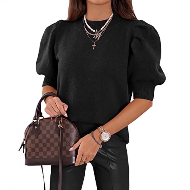 Women's short-cut fine knit sweater with puff sleeves and ribbed cuffs Drune