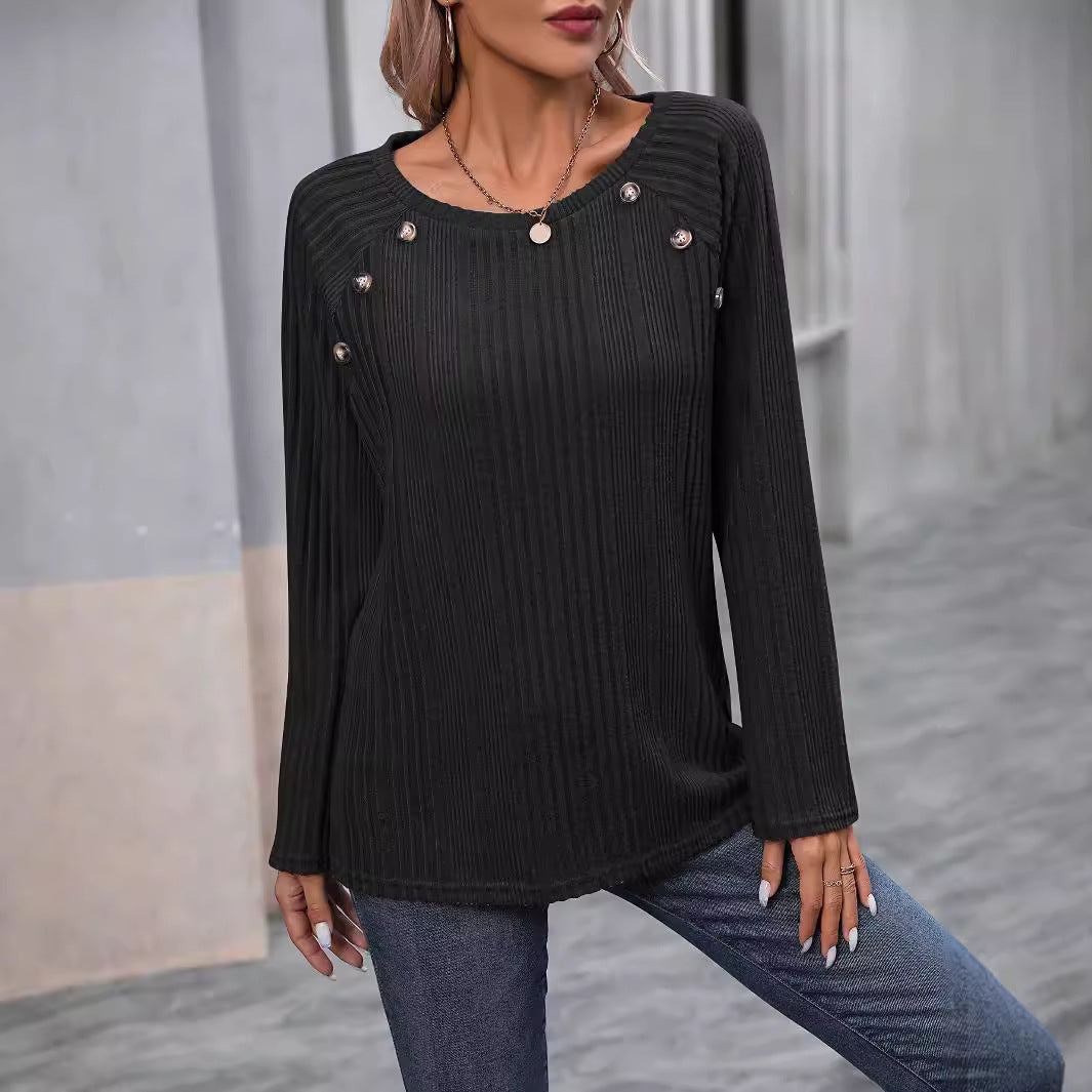 Women Fine Ribbed Knit Sweater with Decorative Button Placket and Round Neckline Mune Fashion