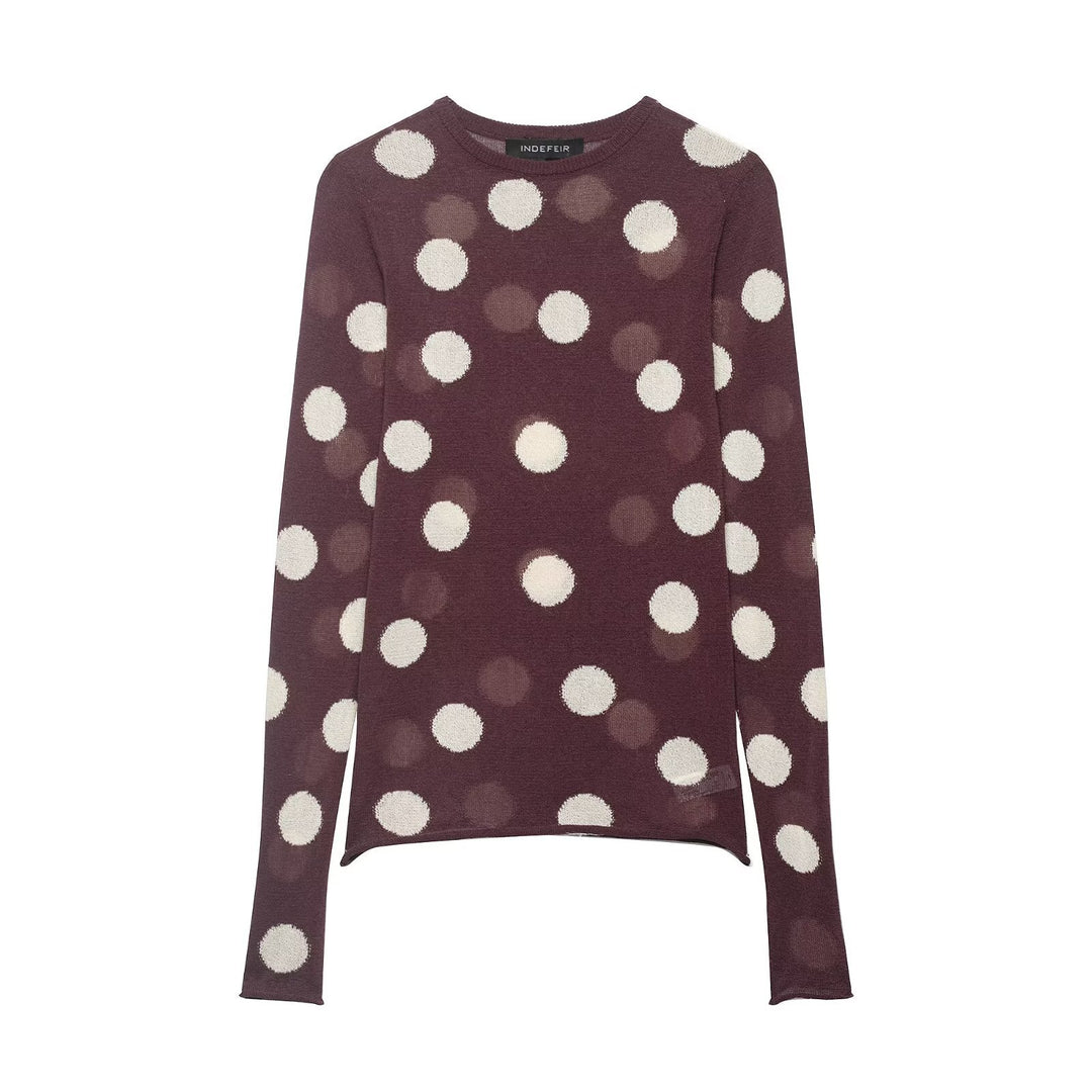 Women's Lightweight Polka Dot Fine Knit Sweater with Round Neck and Relaxed Fit Mune Fashion