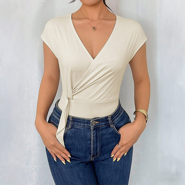 Women's Wrap Bodysuit with Short Sleeve, Tailored Band and V-Neck Mune Fashion