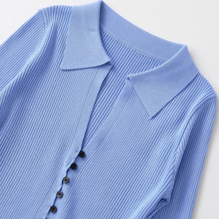 Women's knit cardigan with ribbed structure and polo collar Mune Fashion