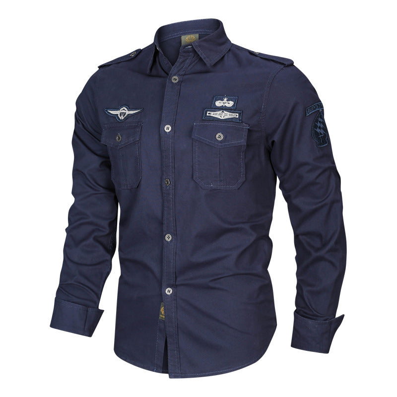 Men's tailored cotton shirt with epaulettes, patch chest pockets, and distinctive patch details Mune Fashion