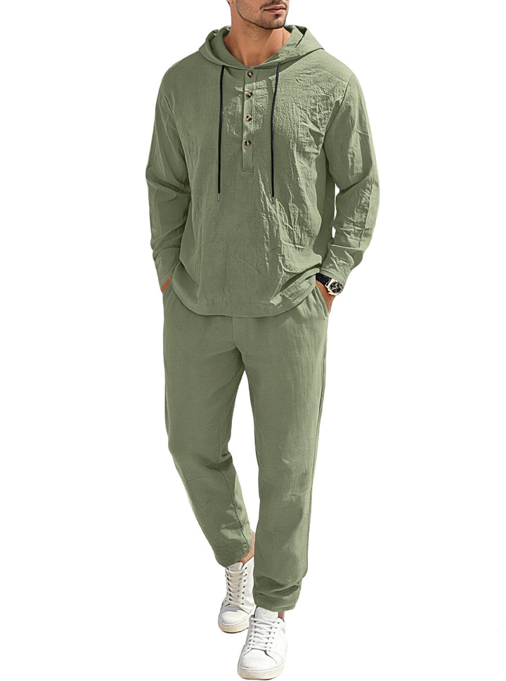 Men's relaxed hoodie Henley leisure suit made of lightweight cotton blend with linen look, featuring drawstring and elastic waistband pants Mune Fashion
