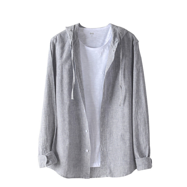 Men's Lightweight Hoodie Shirt made of Linen-Cotton Blend with Fine Stripe Structure Mune Fashion