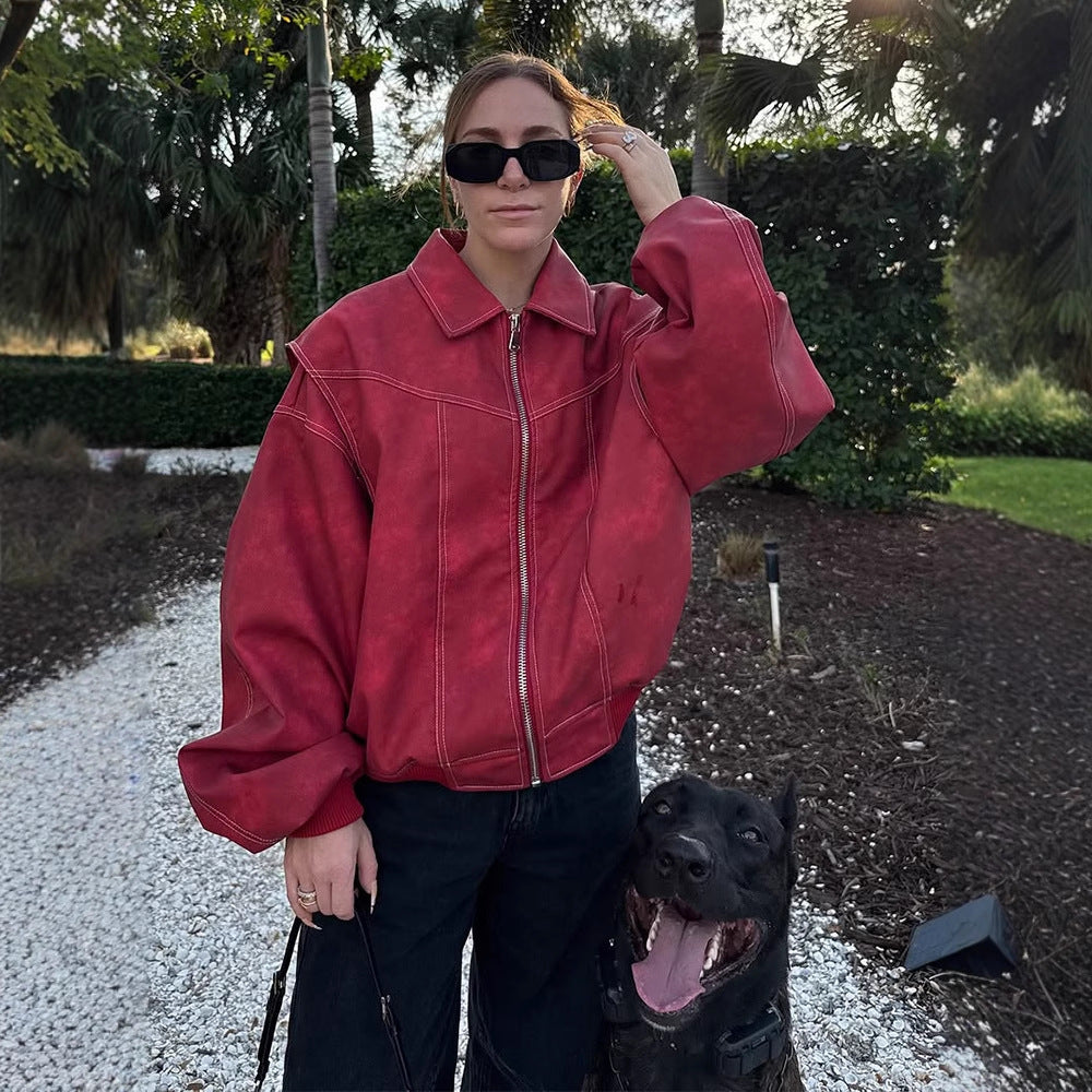 Women's Oversize Velvet Leather Blouson with Full-length Zipper and Structured Seam Design Mune Fashion