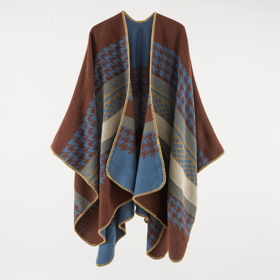 Women's Cozy Oversized Cape Poncho made of Wool Blend with Houndstooth and Graphic Jacquard