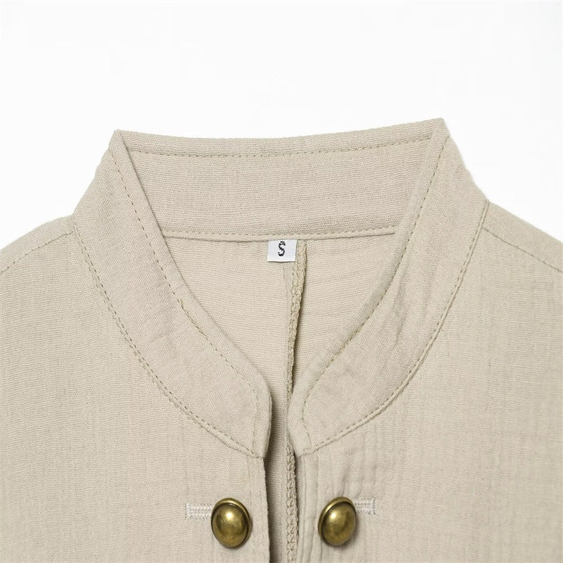 Women Boxy Linen Blazer with Stand Collar, Decorative Button Placket and Patch Pockets Mune Fashion