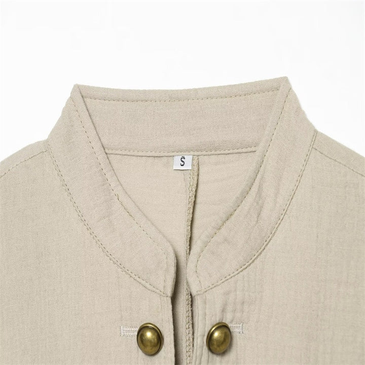 Women Boxy Linen Blazer with Stand Collar, Decorative Button Placket and Patch Pockets Mune Fashion