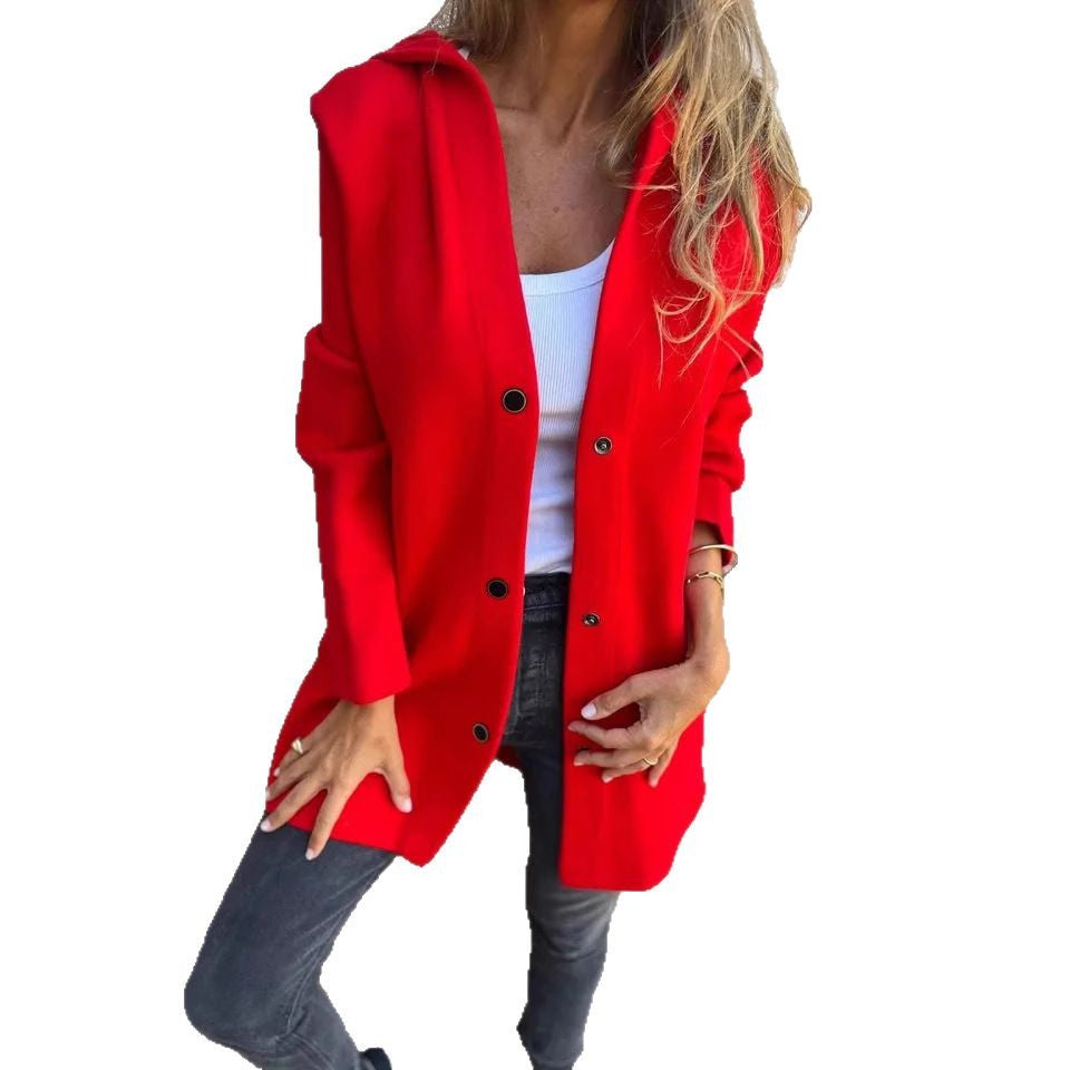 Women Straight Midi Coat made of Wool Blend with Stand Collar and Snap Button Closure Drune