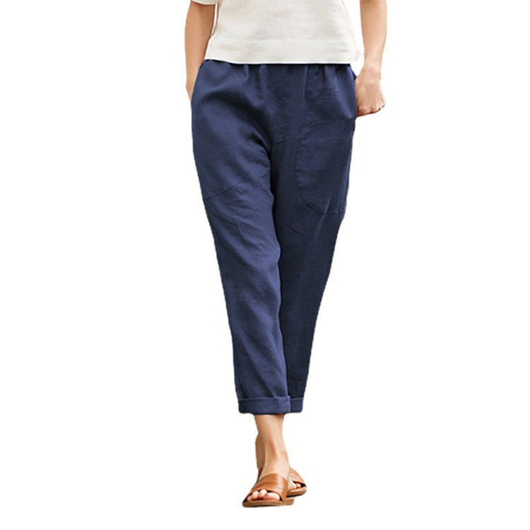 Women's light linen pants with elastic waistband, side pockets, and rolled hem Mune Fashion